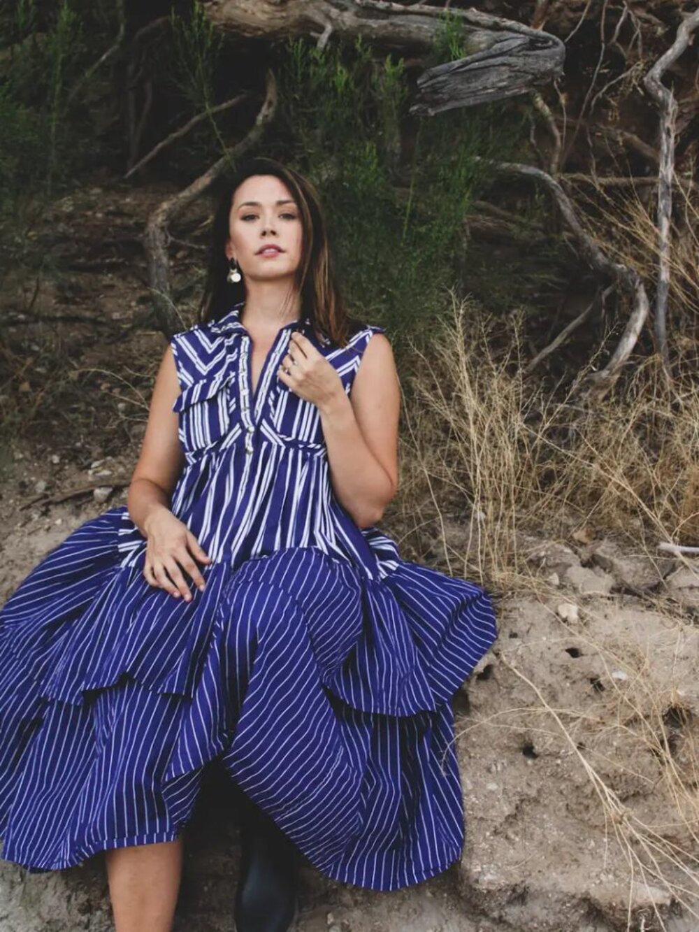 Victoria/Tomas Mixed Stripe Shirt Dress Tiered Collared Navy White Midi $850